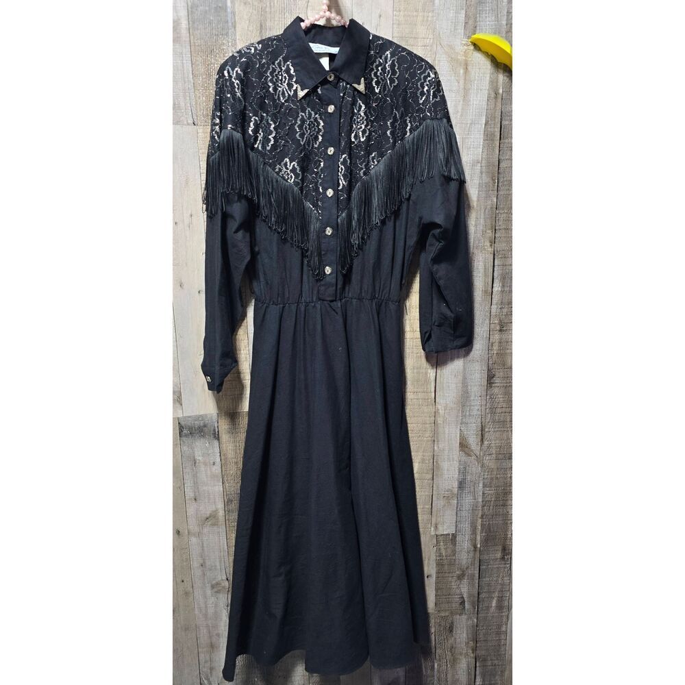 Lilia Smitty Black Silver Floral Embroidered Fringe Dress 16 Rodeo Queen Rockabi